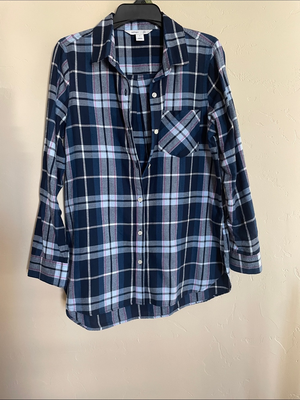 Old Navy Navy, Light Blue and Pink Plaid Button-Down Shirt
